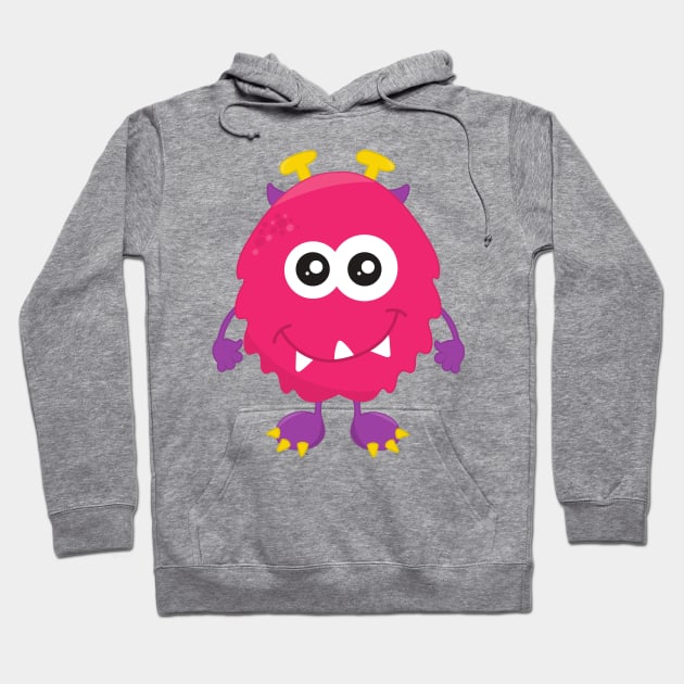 Cute Monster, Pink Monster, Horns, Funny Monster Hoodie by Jelena Dunčević